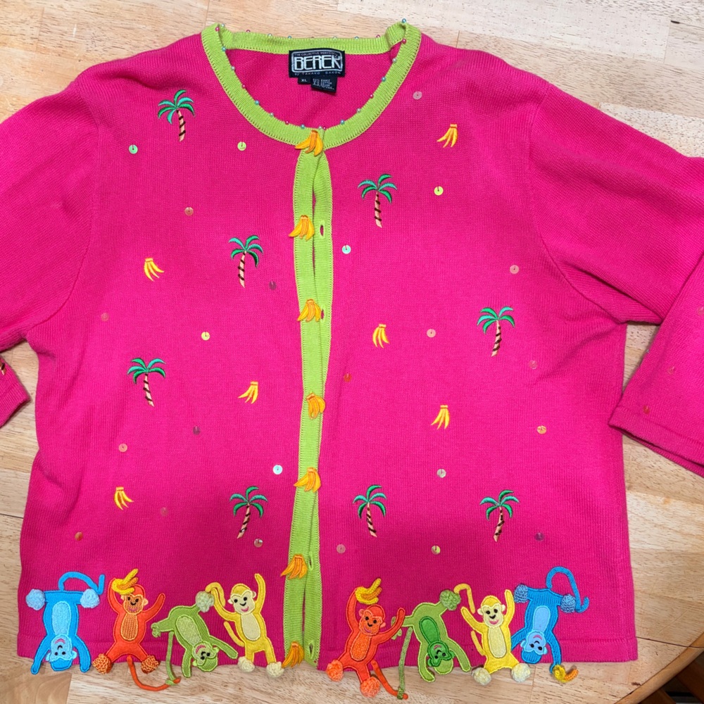 Berek vintage Pink and Green monkey Knit cardigan